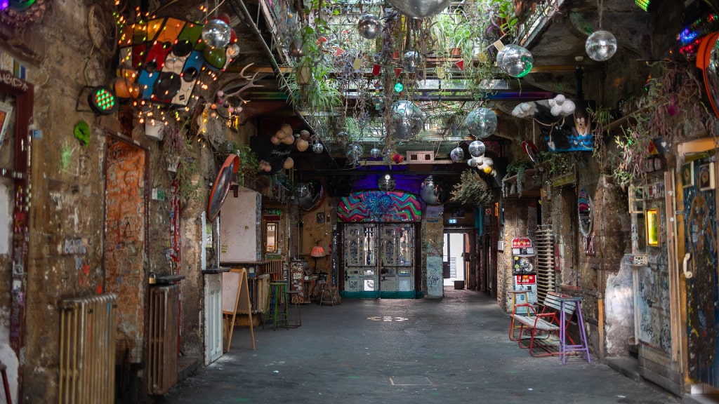 Eclectic vintage decor and hanging disco balls fill Budapest’s Szimpla Kert.