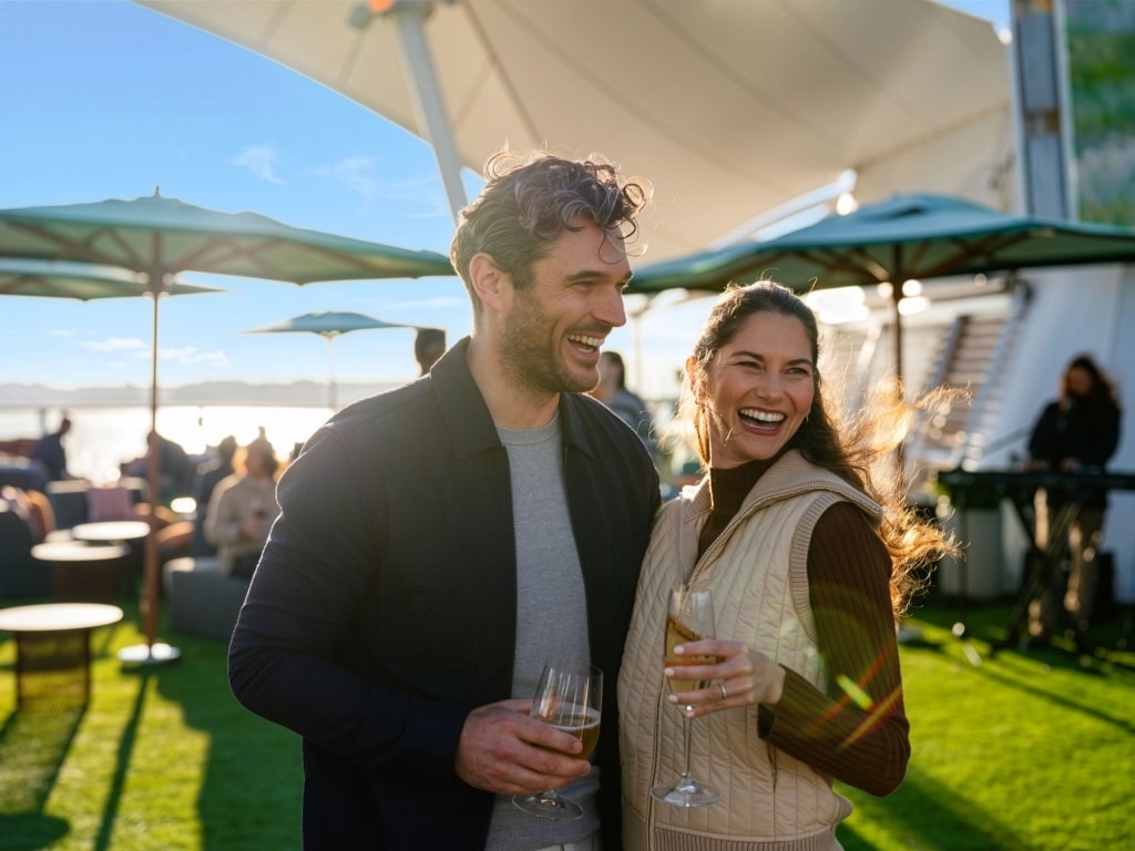A couple enjoys drinks on the real-grass Lawn Club on the top deck of a Celebrity Cruises ship.