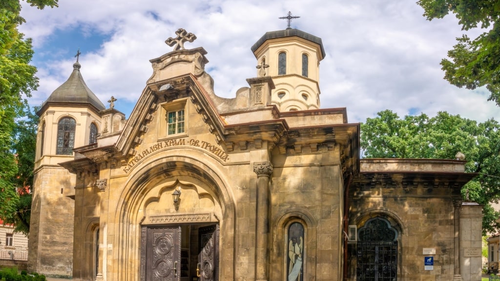 Intricate stonework adorns the facade of Ruse’s historic Holy Trinity Cathedral.
