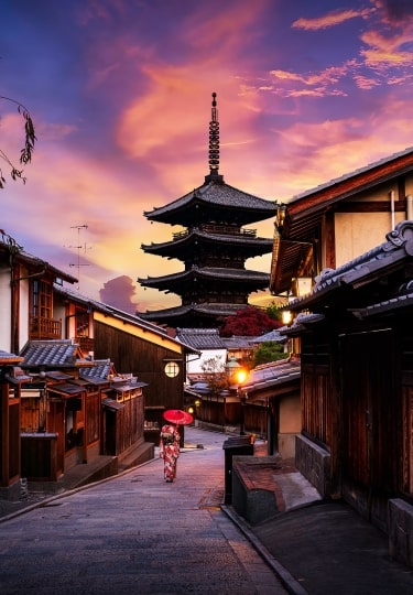 Asian women wearing traditional Japanese kimono among at Yasaka Pagoda and Sannen Zaka Street in Kyoto, Japan.