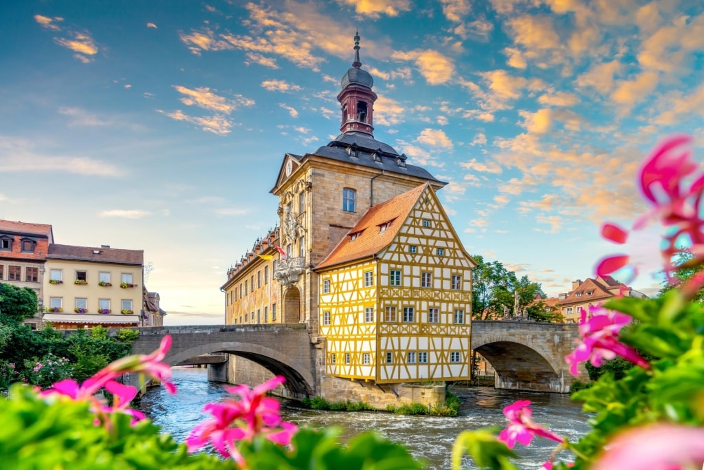 The iconic Old Town Hall (Altes Rathaus) with its timber-framed section built on an island in the middle of the Regnitz River.