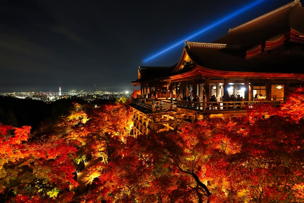 The illuminated wooden main hall and stage of Kiyomizu-dera Temple, framed by vibrant autumn foliage with a blue beam of light shining over the city skyline at night.