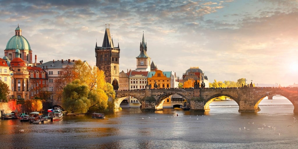 Panoramic view of the Vltava River and Charles Bridge in Prague, capital of the Czech Republic