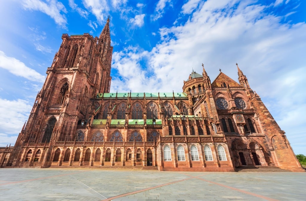 The majestic gothic architecture and facade of Strasbourg Cathedral of Notre Dame in Strasbourg, France.
