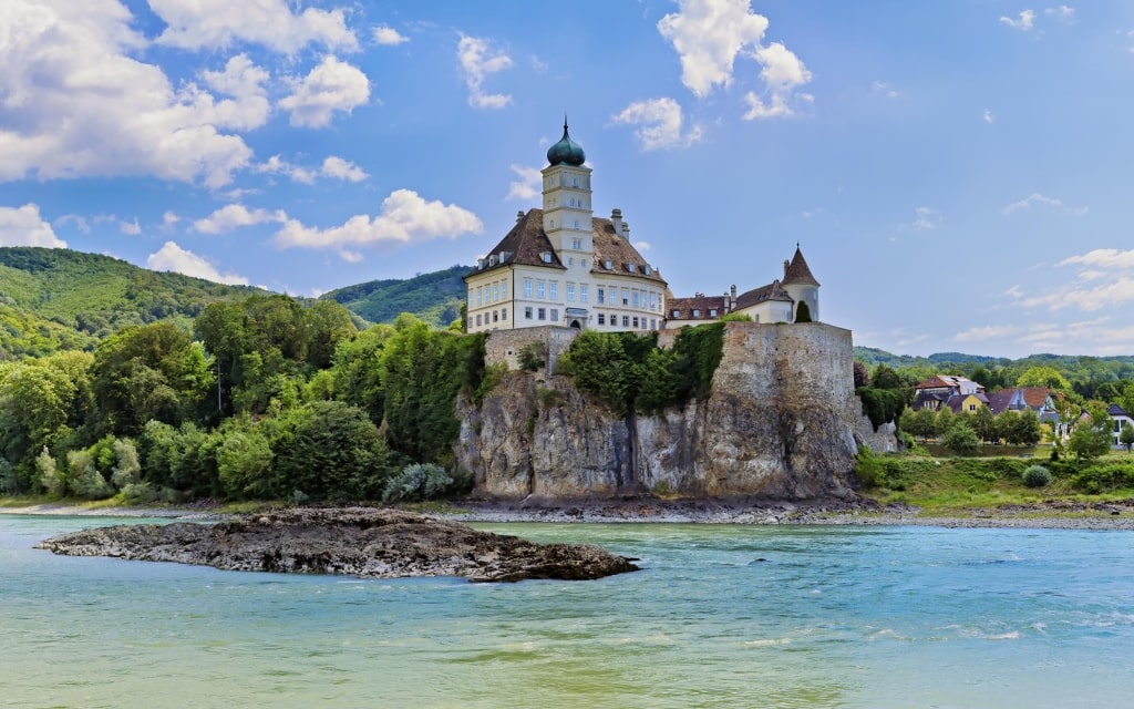 Historic Schönbühel Castle perches on a rocky cliff along the Danube.