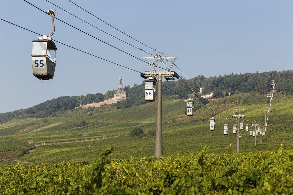 Cable car to Niederwald Monument passes over a field of Riesling grapes in the German town of Rüdesheim am Rhein.