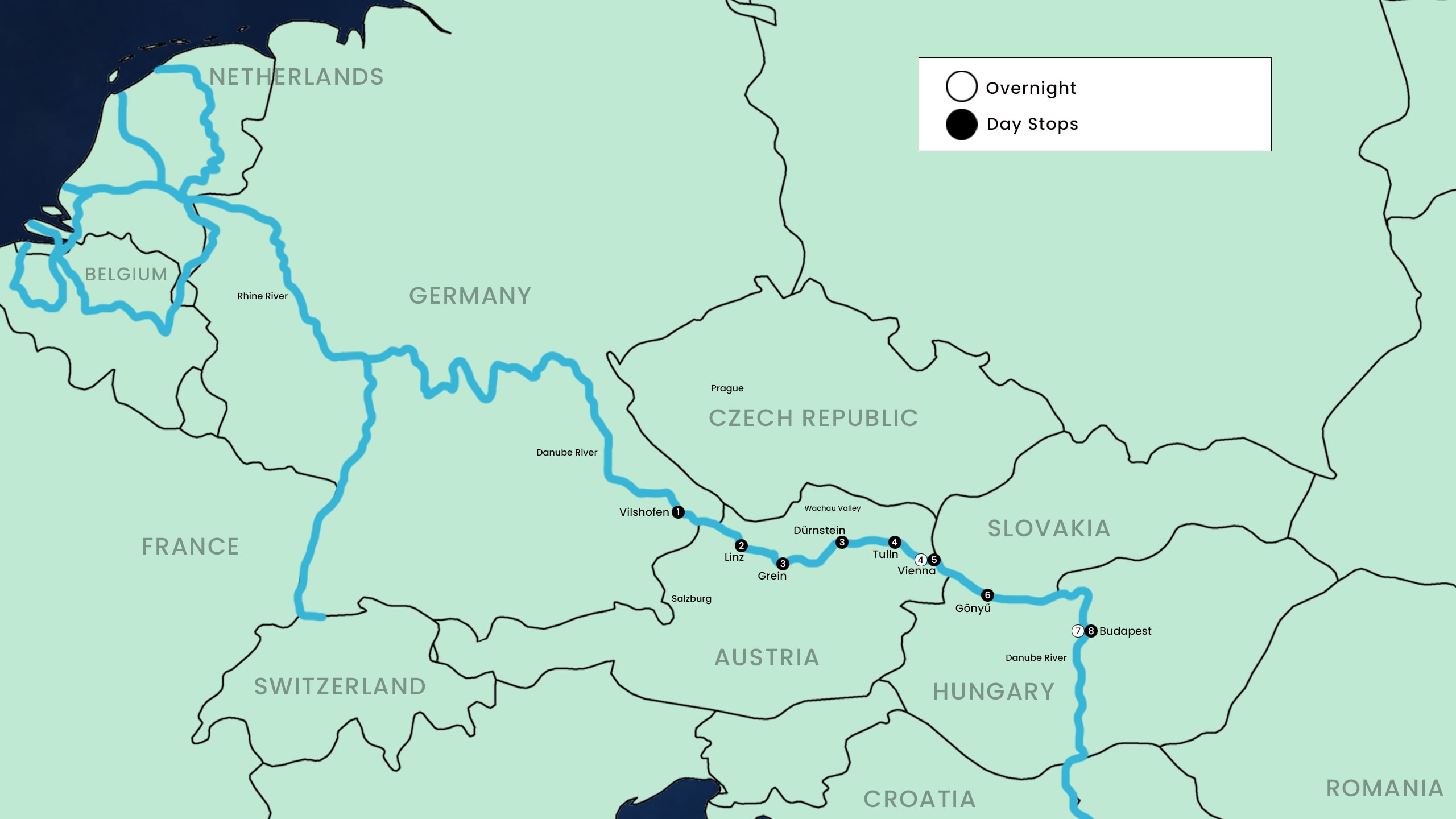 Map showing cruise route for Danube - Vienna & Budapest