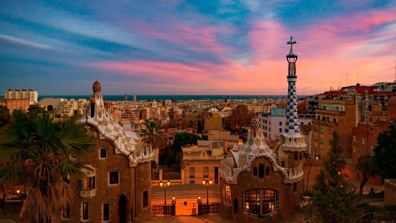 A cityscape view of Antonio Gaudi church in Park Guell, Barcelona, Spain.