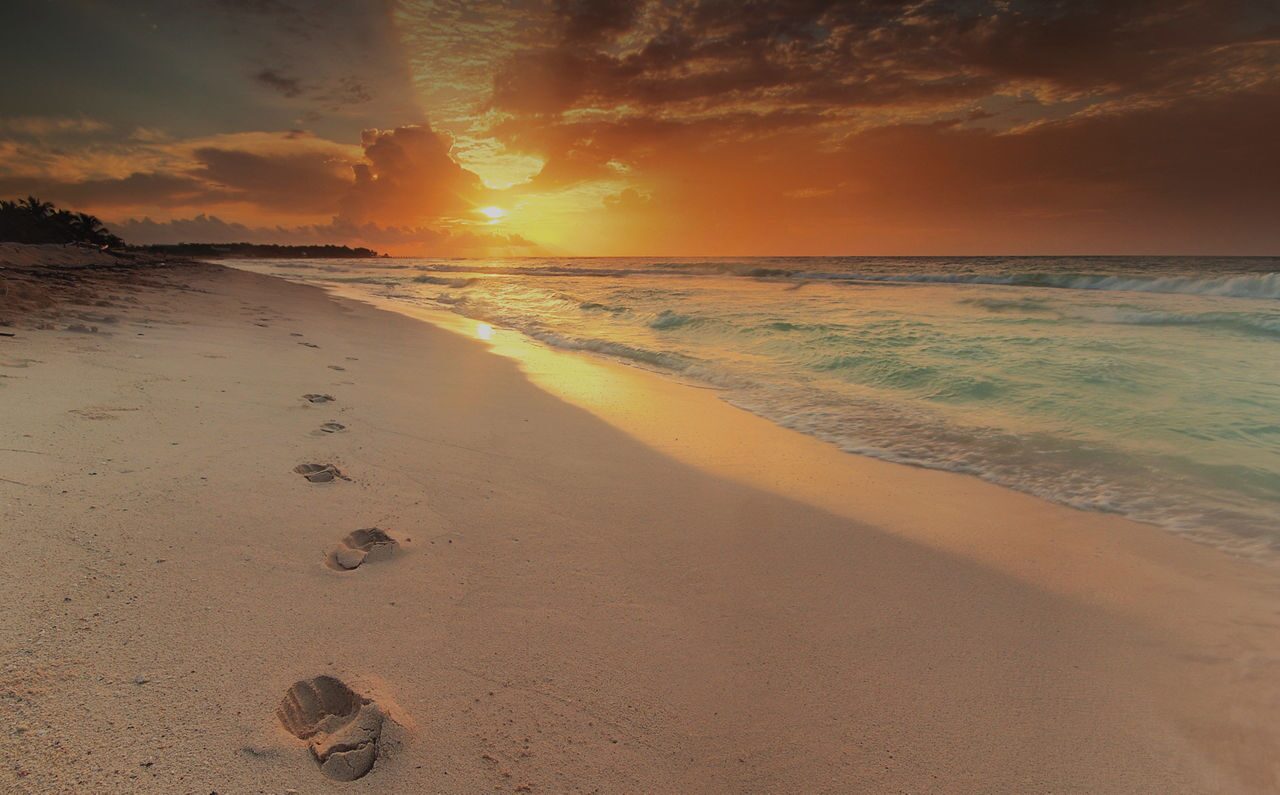 An elevated view of Bermuda's Horseshoe Bay, blue water, and white sand beach filled with people.