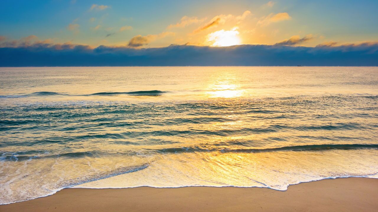Beach in the Galapagos with sun setting behind it