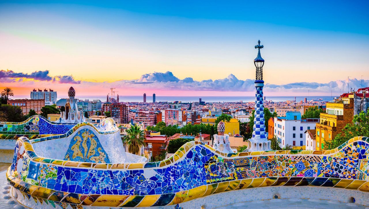 A cityscape view of Antonio Gaudi church in Park Guell, Barcelona, Spain.